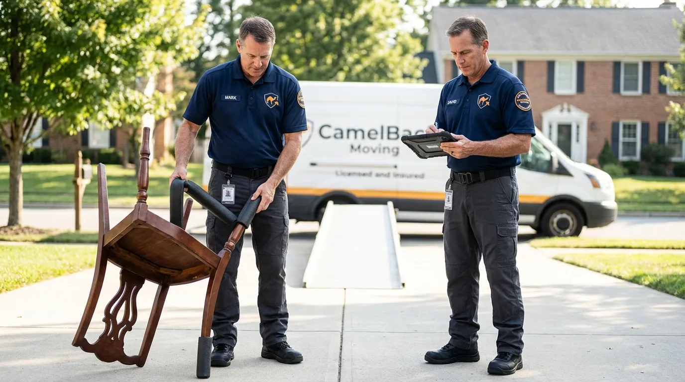 Movers inspecting furniture for damage prevention before loading in Schuylerville, NY